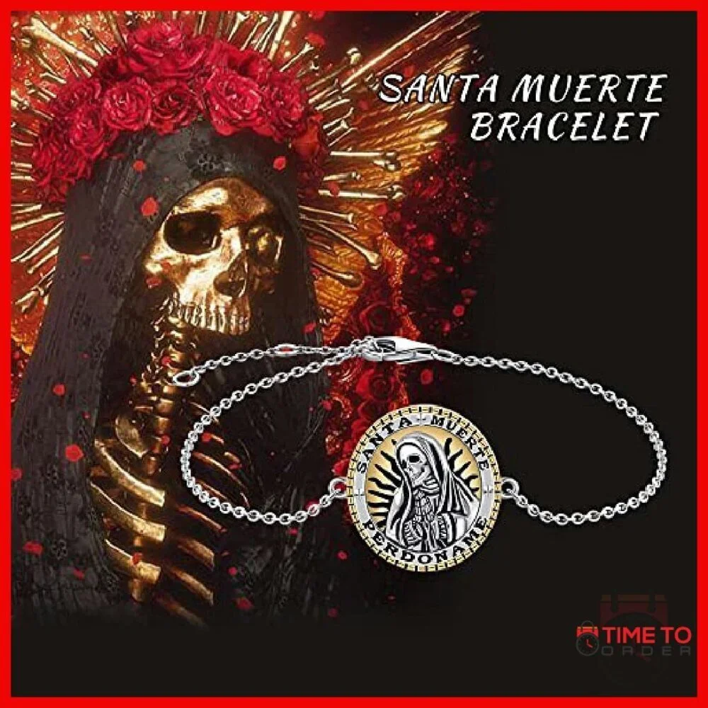 925 Sterling Silver Santa Muerte Charm Bracelet Adjustable Cable Chain